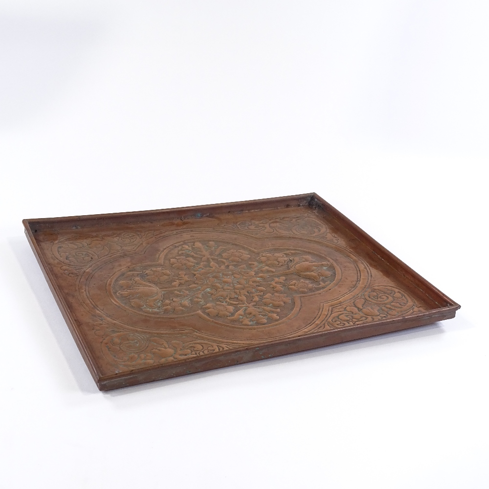 A Keswick School of Industrial Arts copper tray with relief embossed floral designs, 43cm x 36cm - Image 2 of 4