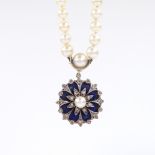 A 9ct gold pearl diamond and blue enamel circular floral design pendant, on a graduated pearl chain,