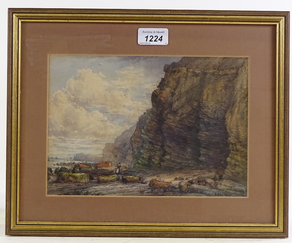 19th century watercolour, figure on the beach at Hastings, signed with monogram SPN, dated 1866, - Image 2 of 4