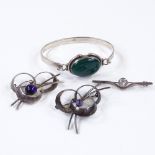 3 silver stone set brooches by N E From, together with a silver and green stone bangle, internal