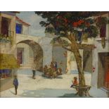 Vernon Henri, oil on canvas, Mediterranean street scene, signed, 16" x 20", framed