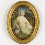 Miniature watercolour, portrait of a woman in woodland, indistinctly signed, 5.5" x 3.5", framed