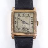 A Vintage 9ct gold square-face wristwatch, 15 jewel mechanical movement, with Deco Arabic numerals