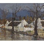 Mid-20th century oil on board, Continental village, indistinctly signed, 12" x 24", framed