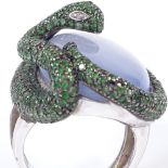 An 18ct white gold chalcedony emerald and diamond figural serpent/snake ring, total emerald