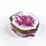 A Meissen porcelain and gilt-metal snuffbox with hand painted decoration, length 5cm