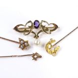 3 9ct gold stickpins, together with an Art Nouveau 9ct amethyst and pearl brooch, 38.7mm, 6.5g total