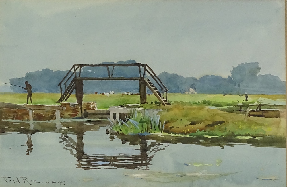 Fred Roe RI, watercolour, an Essex waterway, signed with RI Exhibition label verso, 10" x 15",