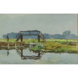 Fred Roe RI, watercolour, an Essex waterway, signed with RI Exhibition label verso, 10" x 15",