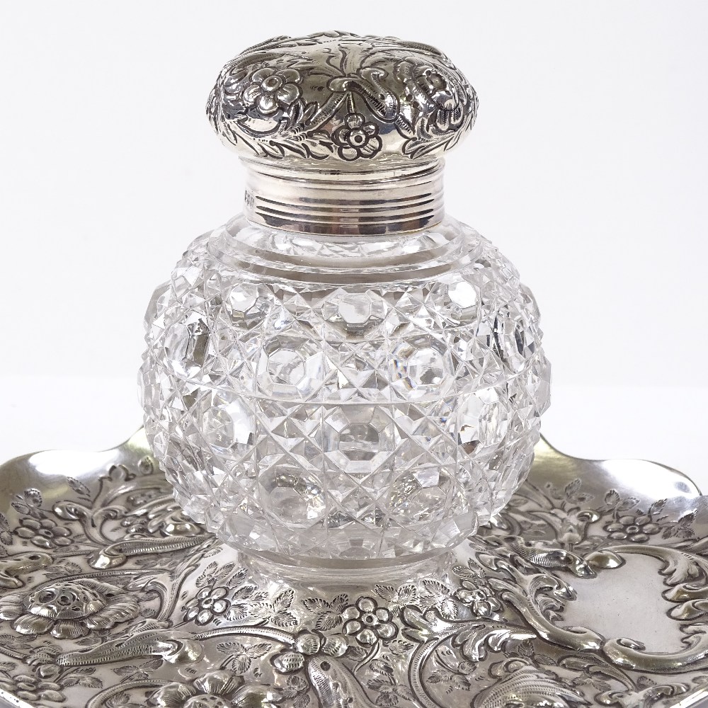 A Victorian silver and cut-glass desktop inkwell and stand, by Charles Boyton, hallmarks London