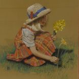 2 pastel/chalk drawings, studies of children, signed with monograms, largest 15" x 15", framed (2)