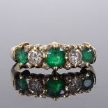 An 18ct gold 5-stone emerald and diamond half-hoop ring, total diamond content approx 0.3ct, setting