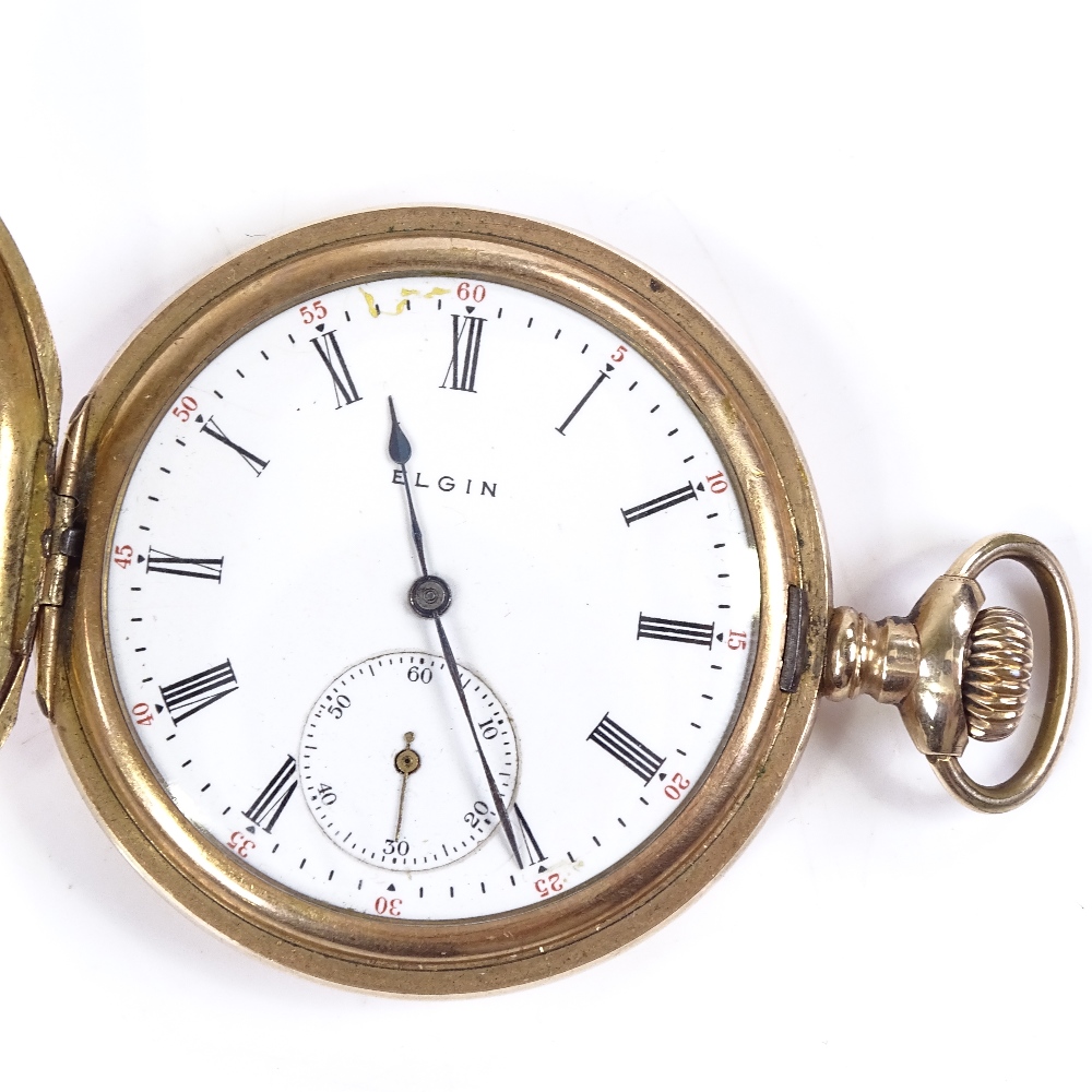 ELGIN - a gold plated full hunter side-wind pocket watch, 15 jewel movement, with Roman numeral hour