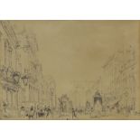 Woodhatch, 19th century pencil drawing, Piccadilly street scene, signed and dated 1874 behind mount,