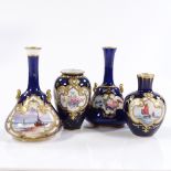 4 Royal Crown Derby blue ground gilded vases, with hand painted panels, largest height 11cm (4)