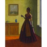 M Reniver?, early 20th century oil on canvas, figure in an interior, indistinctly signed, 20" x 15",