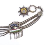 A silver plate and coloured enamel multi-chain watch fob, depicting a steam ship, with a silver-