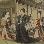 Japanese School, early 20th century watercolour on paper, Court interior scene, 21" x 32", framed