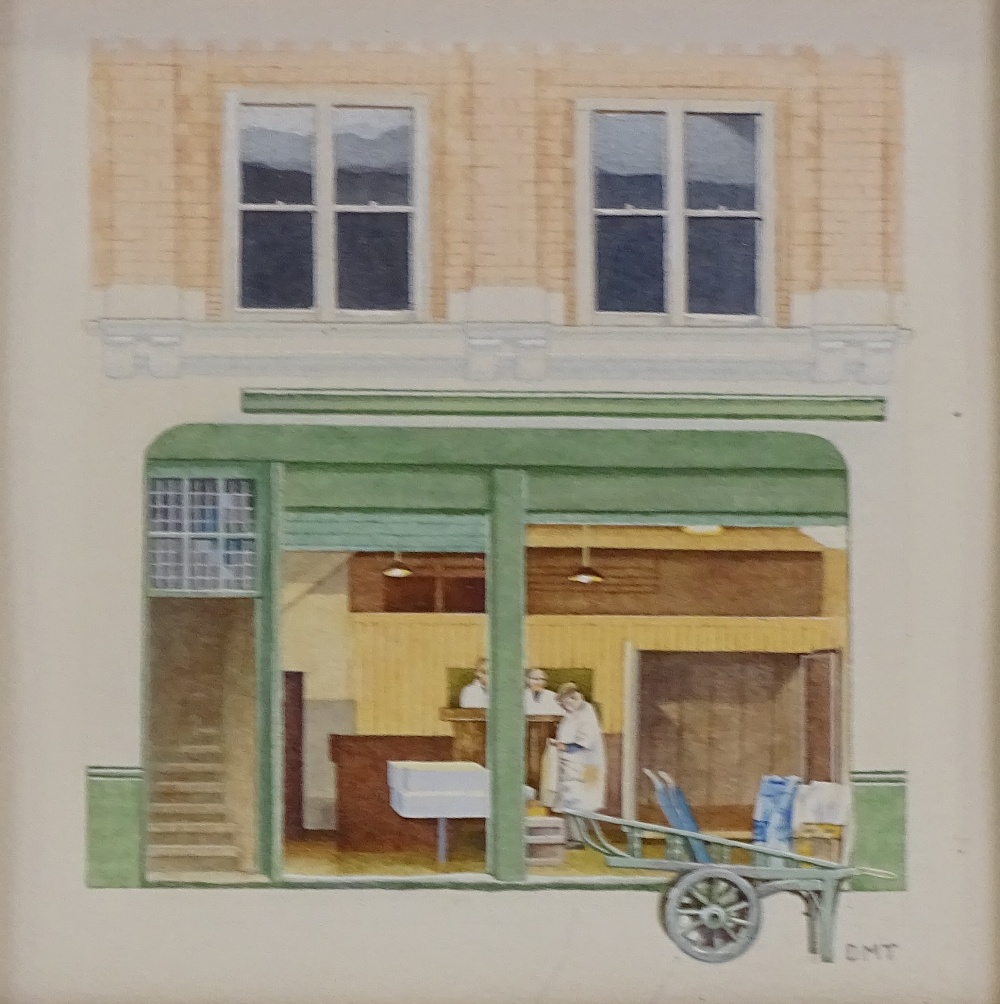 A pair of miniature watercolours, studies of shop fronts, signed with monograms DMT, Royal Academy - Image 2 of 4