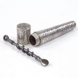A small unmarked silver-case peg and worm corkscrew, with engraved tapered case, marks on lid,