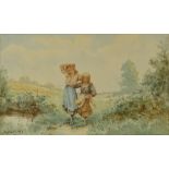 B Davis, watercolour, 2 young children, signed and dated 1903, 9" x 14", framed