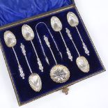 A cased set of silver Apostle spoons, sifter and tongs, with gilt shell bowls, indistinct maker's