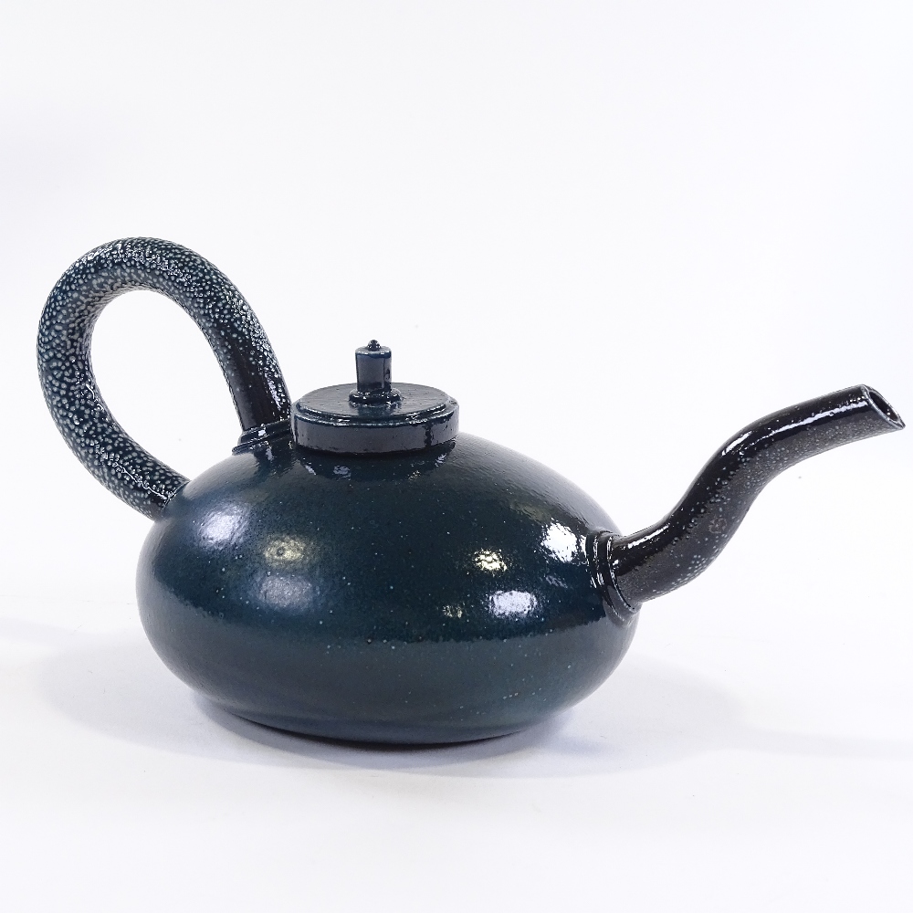 Walter Keeler (British born 1942), blue salt glaze pebble form teapot, impressed maker's mark, - Image 2 of 3