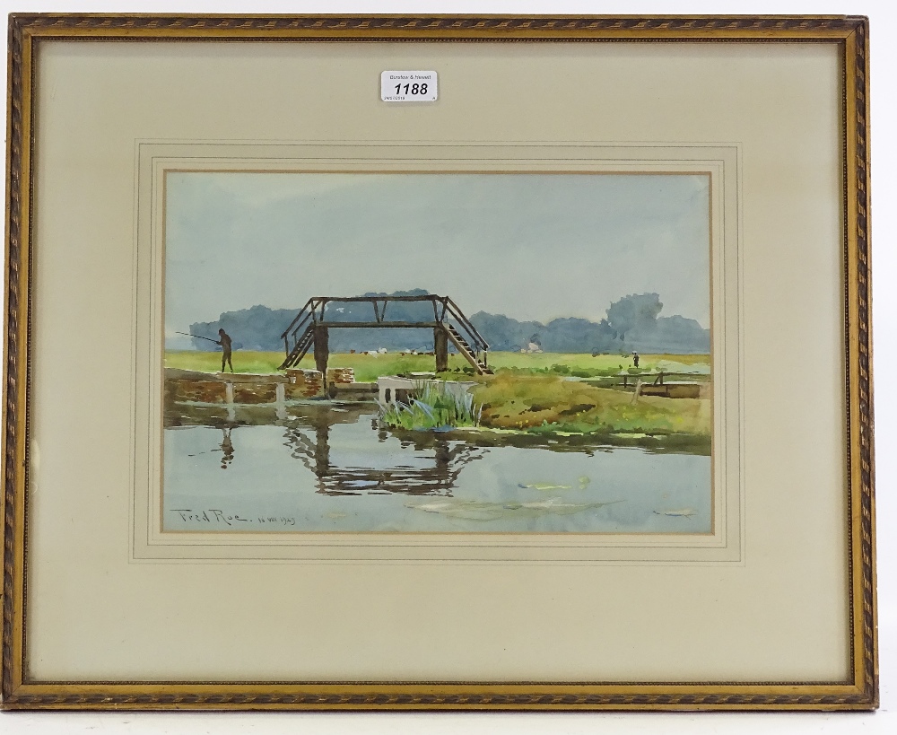 Fred Roe RI, watercolour, an Essex waterway, signed with RI Exhibition label verso, 10" x 15", - Image 2 of 4