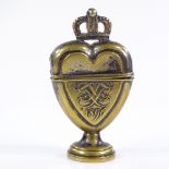 A Scandinavian brass heart-shaped marriage box, dated 1896, height 6cm