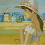 French School, lithograph, girl on the beach, indistinctly signed in pencil, artist's proof, image