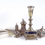Various silverware, including cigarette boxes, cruets, and a candlestick, 6.9oz weighable (7)