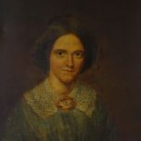 19th century oil on canvas, half length portrait of a woman with a lace collar and cameo,