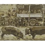 Woodblock print, bull fighting scene, indistinctly signed in pencil, image size 11" x 13", framed