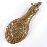 A Hawksley copper powder flask with embossed horse-head design, length 20cm