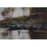 John Linfield NEAC RWS (born 1930), coloured pastels, figures in a boat, 6.5" x 9.5", framed