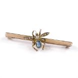 A 9ct gold topaz and split-pearl figural insect bar brooch, brooch length 40.8mm, 3.1g