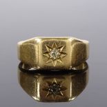 An 18ct gold diamond signet ring, with central starburst panel, panel height 9.4mm, size S, 9g