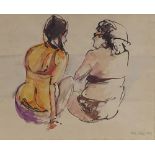 Brian Oxley, watercolour, women at the beach, 1975, 9" x 11", and oil on board, cattle in field,