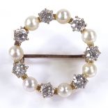An Antique circular pearl and diamond brooch, with alternating stones, diameter 20.5mm, 2.7g