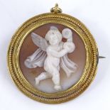 An unmarked gold relief carved cameo brooch, depicting cherub, brooch diameter 24.1mm, 5.1g