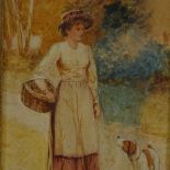 Manner of David Woodlock (1842 - 1929), watercolour, woman and dog, unsigned, 10.5" x 7", framed