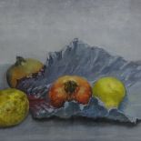 W B Henderson, oil on board, still life pears and pomegranates, 12" x 16", framed