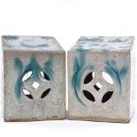 A pair of unusual Chinese turquoise glaze pottery pot pourri bricks, height 19cm, width 13cm
