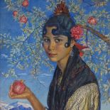 George Owen Wynne Apperley (1884 - 1960), watercolour, portrait of a girl with pomegranates...