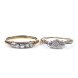 An 18ct gold 3-stone diamond dress ring, setting height 4.6mm, size J, 1.6g, together with an
