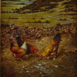 Oil on panel, hens in landscape, indistinctly signed Boitol?, 7.5" x 5", framed