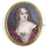 A Georgian double-sided miniature portrait brooch, depicting lady in dress, in unmarked yellow metal