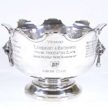 A George V silver punch bowl, with cast-silver lion handles and scalloped rim, with Chess Tournament