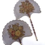 A pair of 19th century fans with embroidered screens and turned wood handles, length 38cm