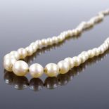 A graduated single strand matinee pearl necklace, with unmarked gold rose-cut diamond set clasp,